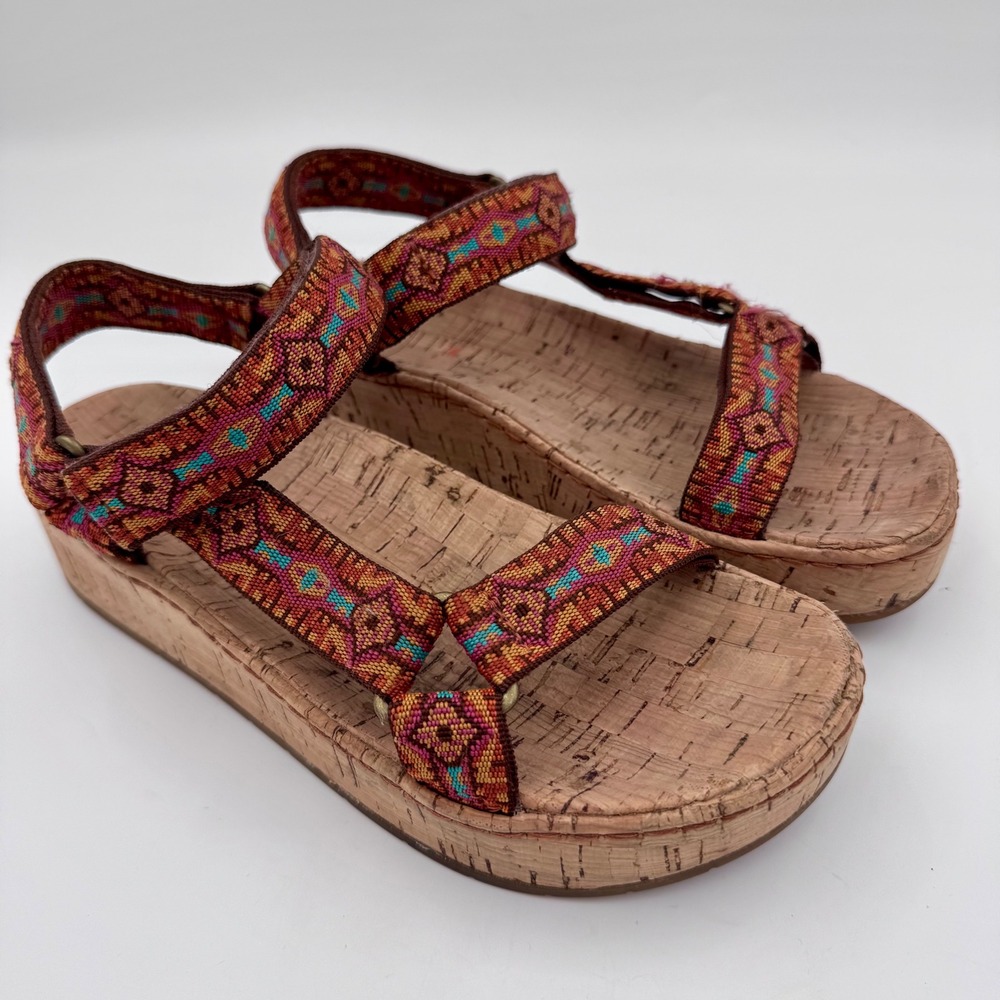 Born Sirena Platform Sandal Women 7 Embroidered Cork Boho Geometric Orange Brown